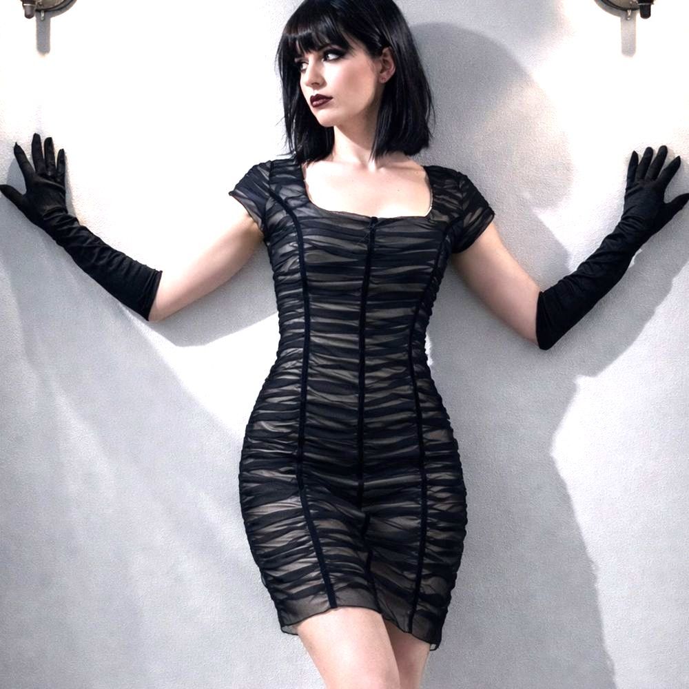 Black Ruched Bodycon Mesh Dress Y2K Goth Cocktail Calore Sentez Turkey Bandage S